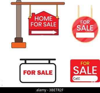 For sale- sticker, label, poster. Collection of real Estate signs designed to advertise property sales effectively in different formats. Stock Vector