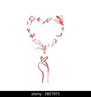 Hand gesture with herbs forming heart shape in delicate red line art with floral and botanical elements Stock Vector