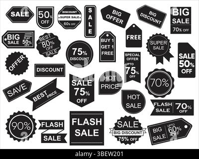 Set of different sale tags and labels with plain white background. Editable vector artwork for social media marketing and eCommerce promotions. Stock Vector