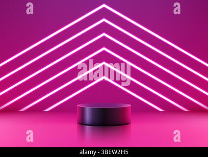 Dark glossy platform illuminated by vibrant pink and purple with bright white neon arrow lines forming a dynamic angular pattern, technology concepts, Stock Vector