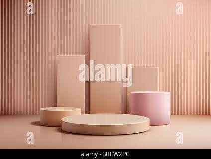 warm minimalist scene featuring cylindrical and rectangular podiums in soft beige and pink tones, modern product display mockups with a reflective flo Stock Vector