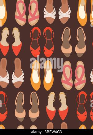 Seamless vector pattern with stylish womanly shoes. Bright flat texture with trendy sandals and ballet flats top view. Perfect for wrapping paper Stock Vector
