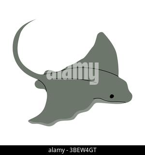 Flat illustration of a stingray in shades of gray with a long tail and smooth fins. Simple ocean animal design, perfect for marine life education, sea Stock Vector