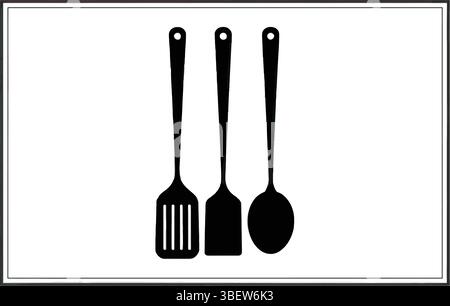 Simple silhouette vector of kitchen tools including spatula, spoon, and fork in black Stock Vector