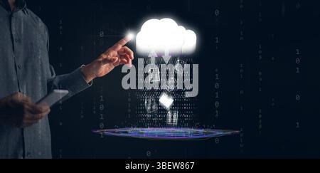 Cloud Computing Concept – A man uses a smartphone to upload and download files via cloud technology, featuring binary code, data streams, networking, Stock Photo