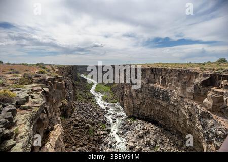 A river meanders through a deep canyon, surrounded by towering cliffs and a cloudy sky in the background. The scene is tranquil and picturesque, with Stock Photo