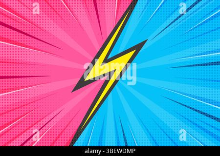 Comic book superhero background with blast. Pop art retro vector frame with boom effect. Pink and blue vs sunburst striped bright poster with halftone Stock Vector