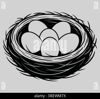 A detailed black and white illustration features a bird nest brimming with eggs, capturing a sense of serenity and the promise of new life Stock Vector