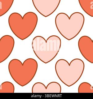 Seamless repeating pattern of pink hearts outlined in brown on white, ideal for backgrounds and romantic designs. Stock Vector