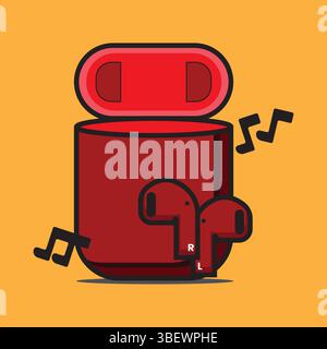 Eye-catching cartoon illustration of red wireless earbuds. Perfect for technology blogs, music promotions, or modern lifestyle content. Vibrant and pl Stock Vector