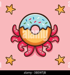 A cartoon drawing of a donut with a giant octopus on top of it. The octopus has a lot of tentacles and is surrounded by stars. Scene is playful and wh Stock Vector