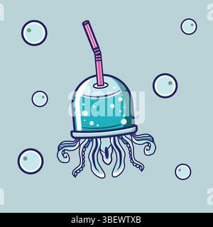 Simple Jelly Fish Soda funny flat illustation , with bright background. Suitable for logo,mascot, and icon Stock Vector