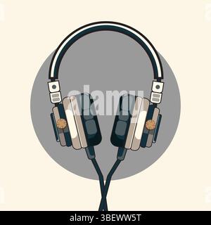 Headphones with Long Audio Cable Flat Lay Illustration Stock Vector
