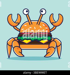 Simple burger crab funny flat illustration, with bright background. Suitable for logo, mascot, and icon Stock Vector
