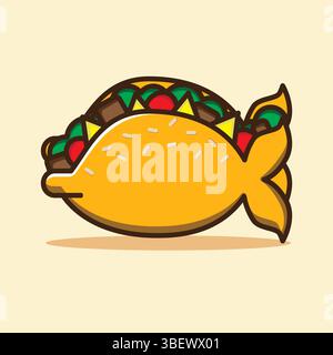 Simple Taco Fish Funny Flat Illustration, with bright background. Suitable for logo, mascot, and icon Stock Vector