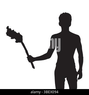 Silhouette of Man Holding Burning Torch Isolated on White Background Stock Vector