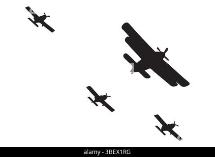 Four Vintage Propeller Airplanes Flying in Formation Isolated on White Background Stock Vector