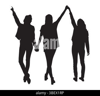 Three Women Holding Hands and Celebrating Together in Silhouette Stock Vector