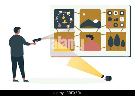 Doctor attentively diagnosing a seated robot with loving care using an app digital clinic backdrop Stock Vector