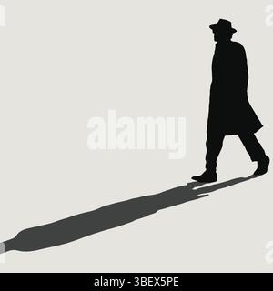 Silhouette of a person walking with a hat and coat, casting a shadow against a light backdrop. Stock Vector
