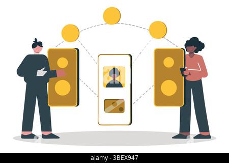 A seamless connection as colleagues collaborate remotely via mobile technology fostering teamwork and innovative ideas Stock Vector