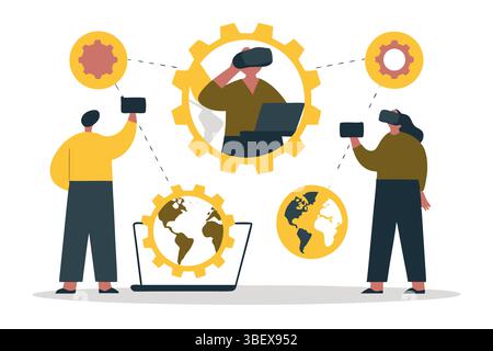 Envisioning a Connected Future People Engaging with VR Collaborating Globally Through Technological Gears and Networks Stock Vector