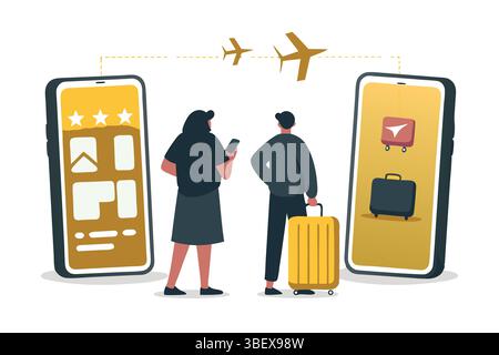 Planning a dream vacation together exploring travel deals on our phones and dreaming of adventure with stylized vector Stock Vector