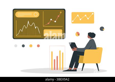 A business professional strategizing with data analytics and reviewing performance insights illustrated with simplified Stock Vector