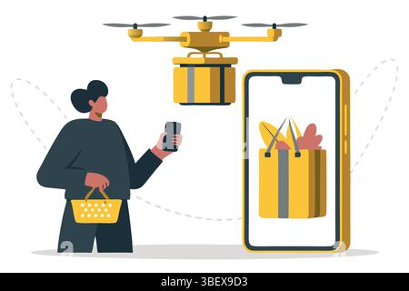 Seamless drone delivery Ordering groceries via mobile app basket in hand anticipating future of shopping fast convenient Stock Vector