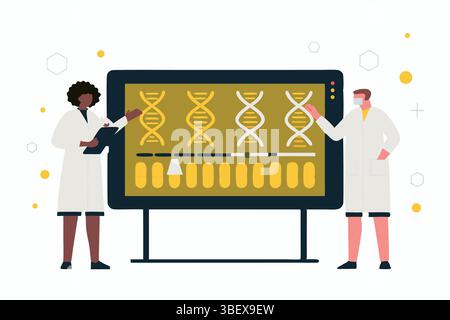 Scientists unlocking genetic mysteries visualizing DNA sequences on a digital display for breakthroughs in biomedicine Stock Vector