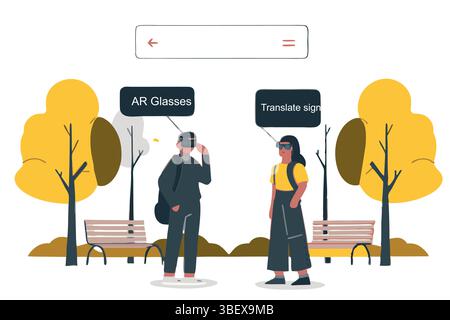 Immersive AR experience Two people testing Augmented Reality glasses in a park one translating a sign against a Stock Vector