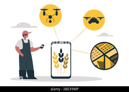 Modern farmer leveraging drone technology for precision agriculture and crop management on a smartphone with bright Stock Vector