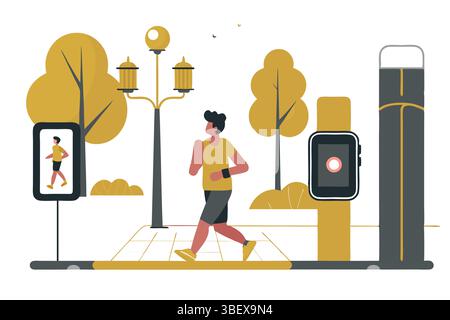 A jogger sprints through an autumn park tracking steps with a smartwatch embracing fitness and health with a flat vector Stock Vector