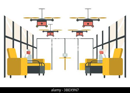 Drones are revolutionizing office work offering innovative delivery to workers relaxing in yellow chairs under skylights Stock Vector