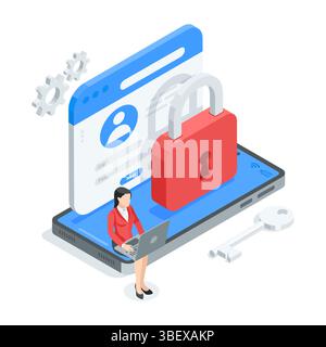 isometric vector woman with laptop on smartphone screen and padlock with browser window, in color on white background, login and password or account l Stock Vector