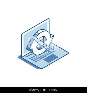 Isometric vector linear icon of laptop and arrows going in a circle, in color on a white background, working with computer or updating the system Stock Vector