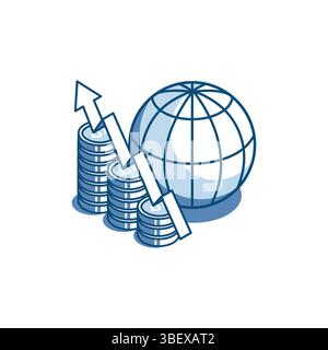 isometric vector linear icon globe and chart of coins with up arrow, in color on white background, world financial system or profit in business Stock Vector