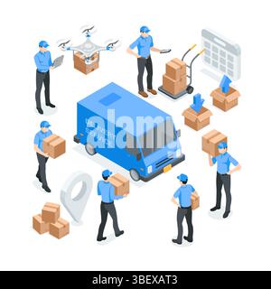 isometric vector set of workers in uniform and boxes near van, in color on white background, delivery of parcels or cargo by courier Stock Vector