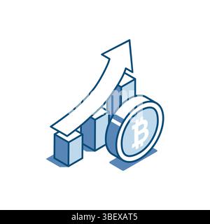 isometric vector linear icon of bitcoin coin and chart with up arrow, in color on white background, digital currency or profit in business Stock Vector