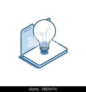 isometric vector linear icon of light bulb in open folder, in color on white background, working idea or documentation Stock Vector