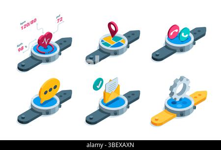 Isometric vector set of smartwatches with message and app icons, in color on white background, gadget for sports and work Stock Vector