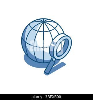 isometric vector magnifier and globe linear icon, in color on white background, online internet search or place on map Stock Vector