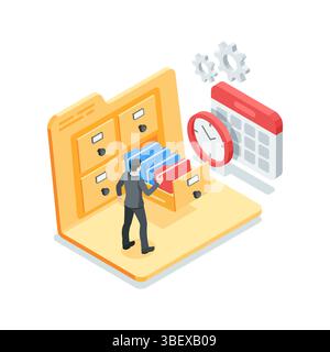 Isometric vector business man near open folder with archive and calendar, in color on white background, working with data or storing documentation Stock Vector