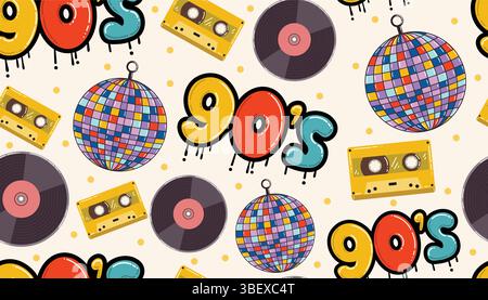Retro 1990s seamless pattern in cartoon flat style with graffiti, vinyl record, disco ball, and cassette tape. Fun nostalgic texture for wrapping pape Stock Vector
