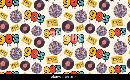 Colorful seamless pattern with 90s vibe icons like cassette, graffiti tag, disco ball, and vinyl. A funky throwback design ideal for retro themes, par Stock Vector