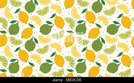 Playful seamless pattern of lemons, limes, juicy slices, leaves and dots. Bright colors and clean flat cartoon style make it ideal for fabric, wrappin Stock Vector