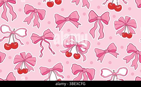 Cute coquette seamless pattern with red and pink bows, cherries, and tiny dots on soft pink background. Sweet and girly design with vintage charm in p Stock Vector