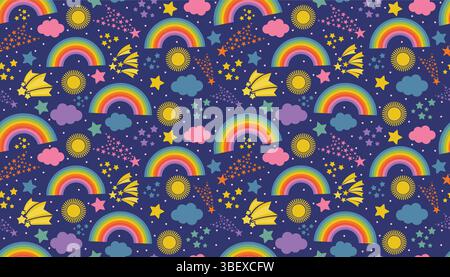 Magical seamless pattern with colorful rainbows, glowing stars, suns, and soft clouds on dark blue. Flat cartoon style adds charm to night-themed kids Stock Vector