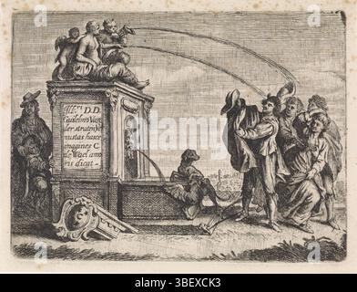 Italy, Wael, Cornelis de, Genretaferelen, Group of people at fountain, Italy, verso left bottom - stamped, A group of men and women at a classic fountain tries to keep hats and coats from the water that sprays out. In the foreground lies a broken crown frame with a coat of arms. A man and child secretly watch from behind the fountain. On the side of the fountain a command in Latin., print, title print, prints, height 118 mm, width 158 mm, South-Dutch, 1592-09-07 - 1667-04-21, printmaker, 1633 - 1648, paper, etching, engraving, engraving (printing process) Stock Photo
