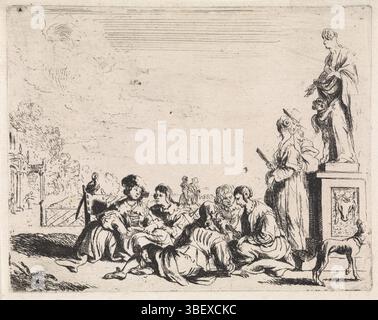 Italy, Wael, Cornelis de, Genretaferelen, Elegant company in garden, Italy, verso left bottom - stamped, An elegant company sits together on a path in a garden. On the right is a statue of Venus with Amor. A dog looks up to the image., print, height 116 mm, width 148 mm, Zuid-Nederlands, 1592-09-07 - 1667-04-21, printmaker, 1633 - 1648, paper, etching, etching Stock Photo